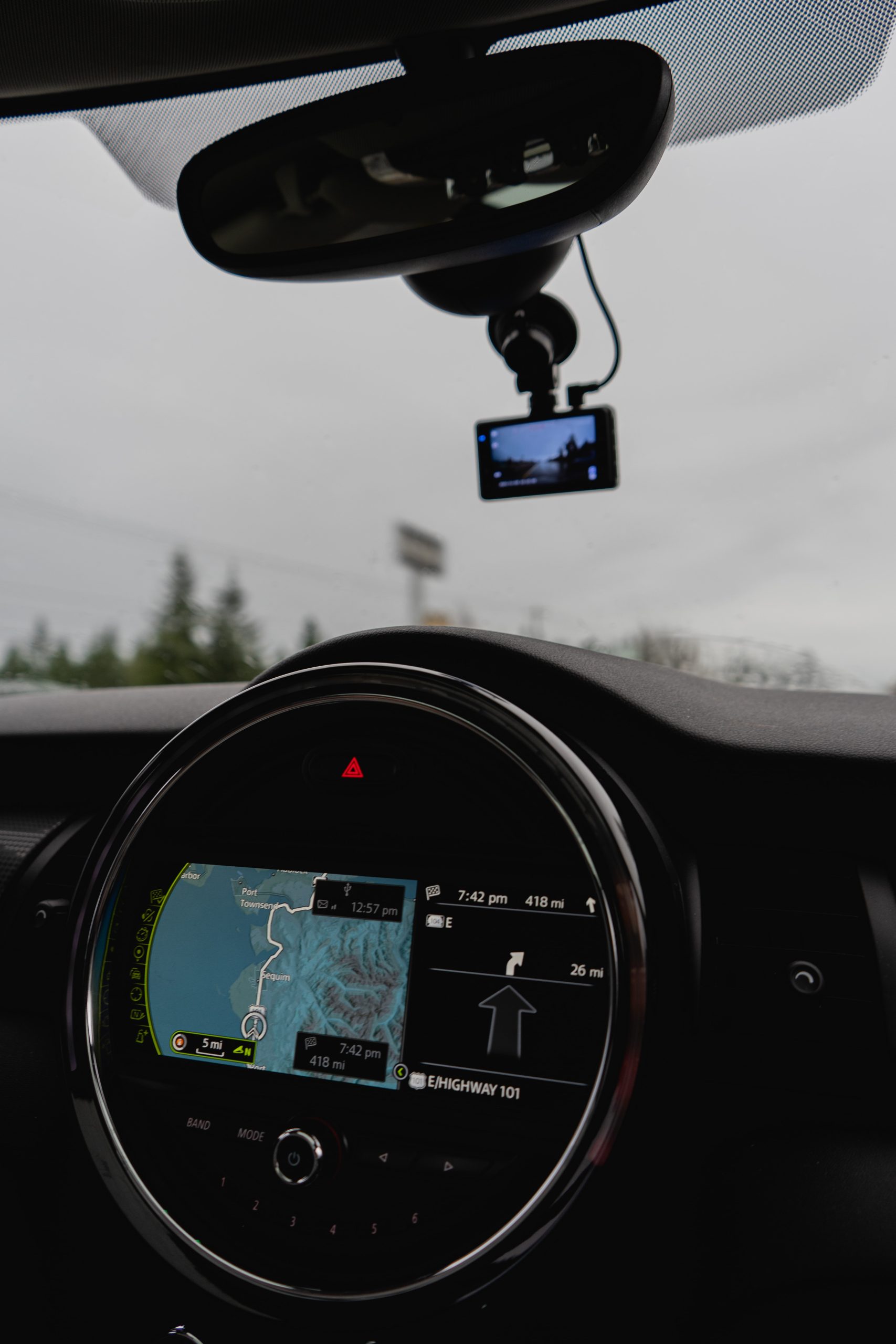 interior of vehicle dashboard with a dashcam